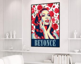 Beyoncé Printable Wall Art, Pop Art Digital Download, Red Rose Floral Poster, Music Lover Wall Decor, Feminine Statement Art, Gift for Her