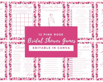 Pink Rose Floral Printable Bridal Shower Game, Flower Bridal Shower Games, Wedding Shower Game, Instant Download (EDITABLE IN CANVA)