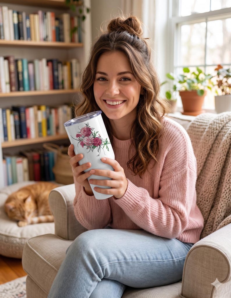 May include: White tumbler with a floral design featuring pink and red roses. The tumbler is held by a person wearing a pink sweater and blue jeans. The background includes a bookshelf, a window, and a cat.