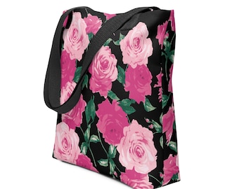 Pink Rose Floral Tote Bag, Aesthetic Floral Tote, Everyday Canvas Bag, Cute Reusable Shopping Tote, Trendy Carryall Gift for Her