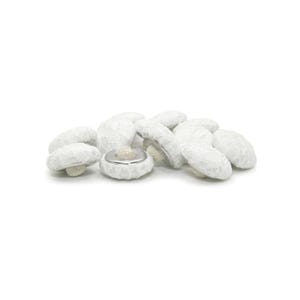 May include: A cluster of white, mushroom-shaped items with a delicate, lace-like pattern. Each mushroom features a silver-coloured metal ring at its base. The objects are set against a white backdrop, offering a clean and minimalist appearance.