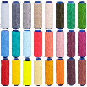 May include: A collection of 24 spools of waxed thread in various colours, including black, white, blue, green, red, pink, purple, yellow, orange, and brown. The spools are arranged in two rows of 12.