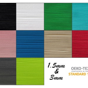 May include: A collection of 10 fabric swatches in various colours, including black, white, green, turquoise, pink, blue, beige, red, grey, and lime green. The fabric has a ribbed texture and is 1.5mm & 3mm thick. The swatches are labelled with the Oeko-Tex Standard 100 certification.