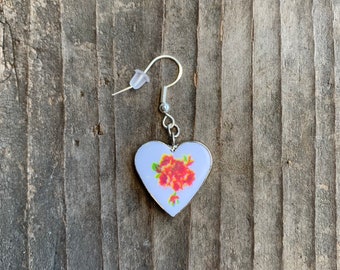 Single Porcelain Heart w/ Orange & Pink Roses Dangle Earring