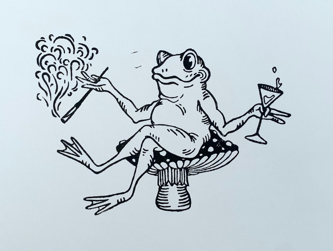 Hand Carved Linocut Print - Mr. Frog on a Mushroom, Drinking a Martini &  Smoking a Joint - Etsy