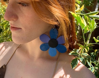 Handmade Blue Leather Flower Earrings - Double Sided