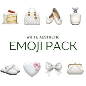 Puede incluir: Un conjunto de emojis estéticos blancos, que incluyen una magdalena, un pastel, un bolso de mano, zapatos de ballet, un frasco de perfume, un yogur con fruta, una computadora portátil, pantuflas, un corazón, un lazo, un bolso de mano y auriculares inalámbricos.