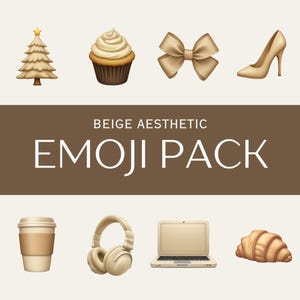 Könnte beinhalten: Beigefarbener Emoji-Paket mit verschiedenen Symbolen, darunter eine Blume, ein Weihnachtsbaum, ein Cupcake, eine Schleife, ein High Heel, ein Herz, ein Paar Ballerinas, eine Kaffeetasse, Kopfhörer, ein Laptop, ein Croissant und ein Wecker.