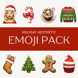 May include: A set of 10 holiday-themed emojis, including a Christmas tree, a gingerbread man, a stocking, a candy cane, a cupcake, a hot chocolate mug, a woman wearing a Santa hat, a sweater with a Christmas pattern, a bow, and a pair of brown slippers.