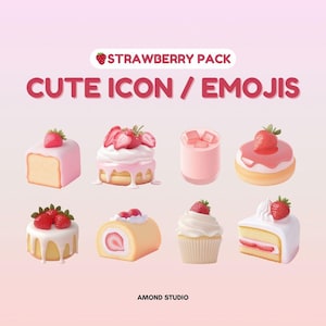 Könnte beinhalten: Ein Set mit neun niedlichen, erdbeerförmigen Icons oder Emojis. Die Icons beinhalten einen Kuchen, einen Cupcake, einen Erdbeerkuchen, eine Erdbeerrolle, ein Glas Erdbeermilch und einen Donut mit Erdbeerglasur. Die Icons sind alle im 3D-Stil gehalten und haben ein rosa-weißes Farbschema. Der Text "STRAWBERRY PACK CUTE ICON / EMOJIS" befindet sich oben im Bild.