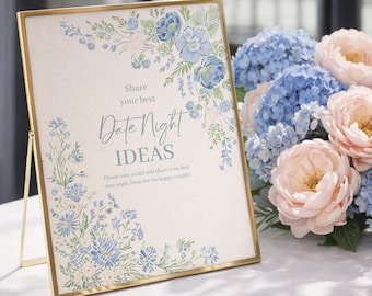 PRINTED & SHIPPED Date Night Ideas Sign | 8x10 | Bridal Shower Decorations | Advice | Bridal Shower Game | Heirloom Hydrangea | Blue