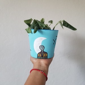 Puede incluir: Una maceta de cerámica azul con una luna creciente blanca y una figura estilizada con un patrón geométrico. La maceta está llena de una planta verde con variegación plateada.