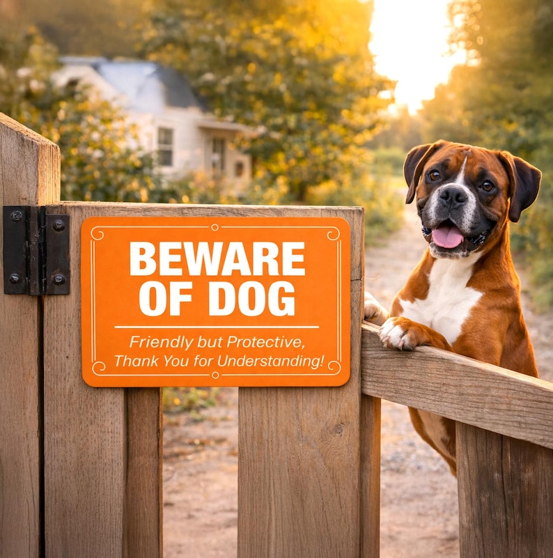 May include: An orange "Beware of Dog" sign on a wooden fence. The sign has white text and a decorative border. A brown and white Boxer dog is peering over the fence, with its tongue out. The background includes a house and trees.