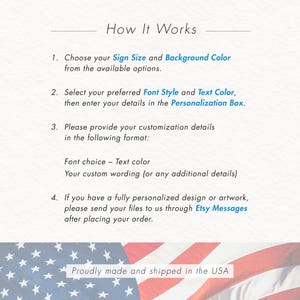 May include: Image with text explaining the customization process for signs. Instructions include choosing sign size, background color, font style, and text color. The text also mentions providing customization details and sending files via Etsy Messages.