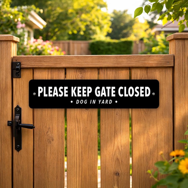 May include: A black rectangular sign with white text that reads "PLEASE KEEP GATE CLOSED. DOG IN YARD." The sign is mounted on a wooden gate with a black handle and hinges. The background shows a yard and trees.