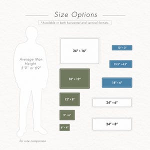 May include: Image showing size options for a product, with dimensions in inches. Rectangular shapes in various sizes are displayed, including 24" x 16", 18" x 12", and smaller options. Text includes "Size Options" and "Average Man Height 5'9" or 69" for size comparison.