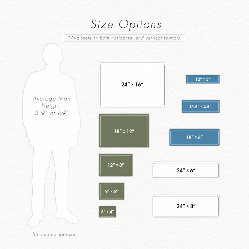 May include: Image showing size options for a product, with dimensions in inches. Rectangular shapes in various sizes are displayed, including 24" x 16", 18" x 12", and smaller options. Text includes "Size Options" and "Average Man Height 5'9" or 69" for size comparison.