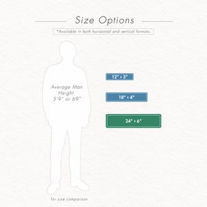May include: Image showing size options for a product, with dimensions of 12" x 3", 18" x 4", and 24" x 6". Includes a silhouette of a person for size comparison, with the text "Average Man Height 5'9" or 69".