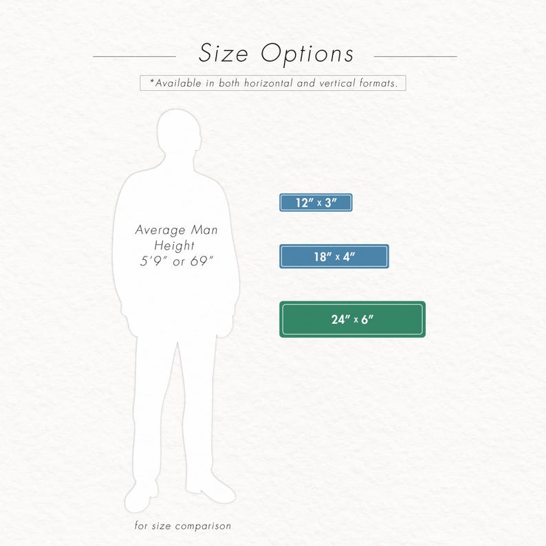 May include: Image showing size options for a product, with dimensions of 12" x 3", 18" x 4", and 24" x 6". Includes a silhouette of a person for size comparison, with the text "Average Man Height 5'9" or 69".