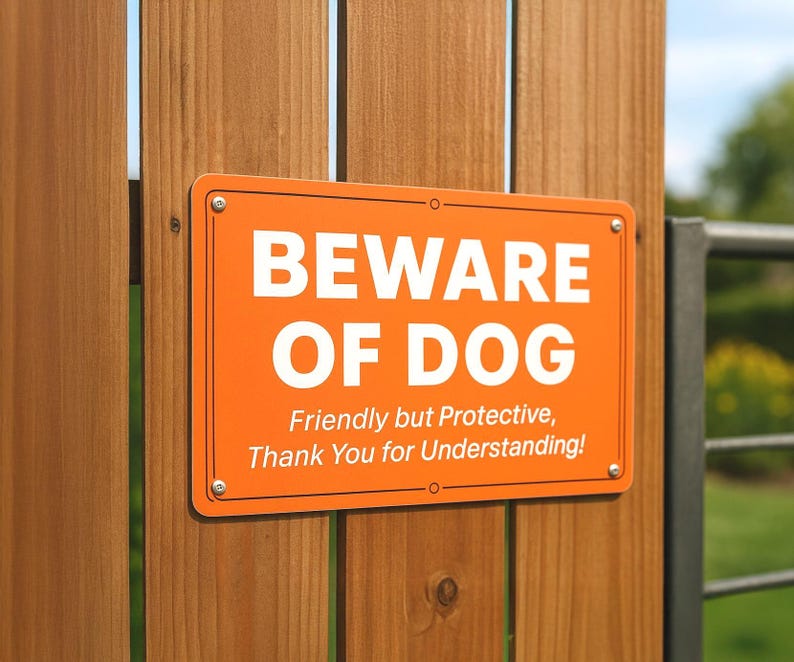 Beware of Dog metal sign on wooden fence, friendly but protective dog warning sign, durable outdoor aluminum home security decor.