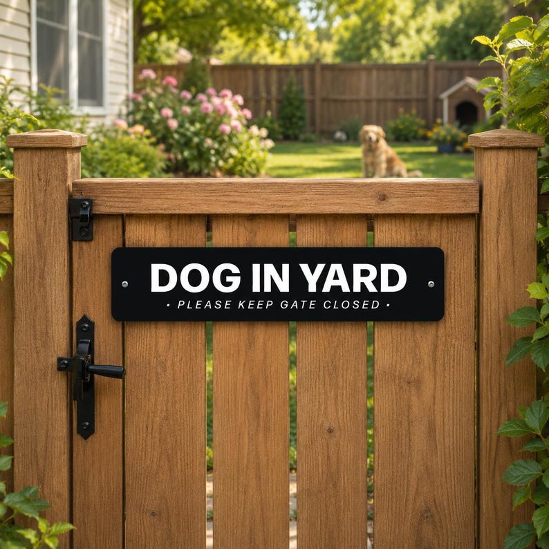 May include: A wooden gate with a black sign that reads "DOG IN YARD" in white text. Below the text is the phrase "PLEASE KEEP GATE CLOSED." A dog is visible in the background.