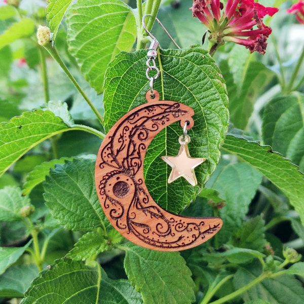 SVG Filigree Moon Earring with Dangles Star and Alphabet, Glowforge Ready, Digital Download