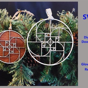 May include: Two wooden ornaments with a geometric design inspired by the Fibonacci sequence. The ornaments are hanging on a green Christmas tree. The ornaments are white and brown. The text "SVG Digital Download Glowforge Ready" is in the upper right corner of the image.