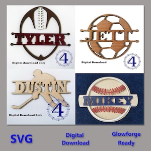 May include: Four digital downloads of SVG files for creating personalised sports-themed signs. The designs feature a football, soccer ball, hockey player, and baseball. Each design includes a name and the number "4" in a decorative font.
