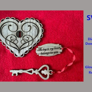 SVG Heart Key Gift Hermoso archivo de corte grabado, Glowforge Ready, Día de San Valentín