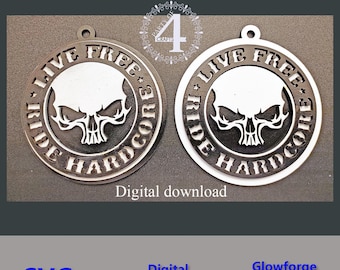 May include: Two black and white circular ornaments with a skull graphic and the text "Live Free, Ride Hardcore" in a circle around the skull.