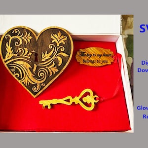 SVG Heart Key Gift Lindo arquivo de gravação de corte, Glowforge pronto para o dia dos namorados
