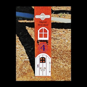 May include: A wooden fairy library sign with a red-brown finish. It features a white arched window, a white door with decorative floral accents, and the text "FAIRY LIBRARY" and "Digital Download". A blue number 4 is also visible.