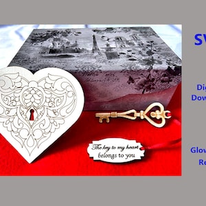 SVG Heart Key Gift Beautiful Scored Cut File, Glowforge Ready, Día de San Valentín
