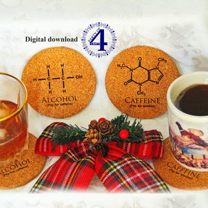 May include: Four cork coasters with a chemical formula for alcohol and caffeine printed on them. The coasters are arranged around a glass of whiskey and a mug of coffee. The coasters are a fun and unique way to add a touch of personality to your home bar or kitchen.