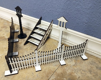 SVG Fairy Door Accessories, Picket Fence, Lamp Post, Stairs digital download, Glowforge Ready