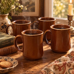 May include: Four brown ceramic mugs with a glossy finish, each featuring a curved handle and a wide base. The mugs are filled with a dark liquid and emit visible steam. They are arranged on a wooden surface alongside two stacked books.