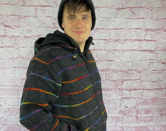 Warme Wolljacke Damen und Herren, schönes Regenbogen Pride Muster Anthrazit, Innen mit warmen Fleece gefüttert