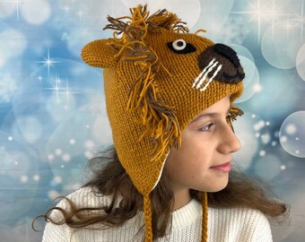 Wintermütze Kinder aus Wolle Löwen Mütze mit Fleece Innenfutter Kuschelige warme Wollmütze mit Ohren Tiermütze gestrickt