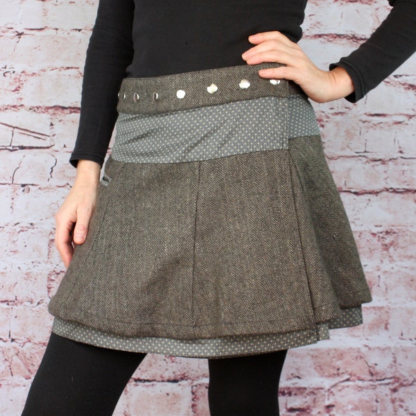 Jupe hiver tweed jupe réversible jupe portefeuille automne marron poche réglable mini jupe taille universelle