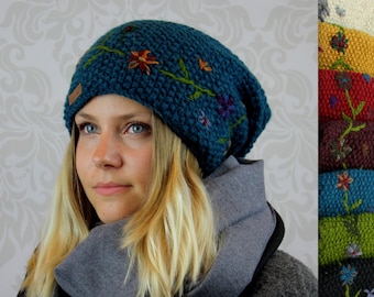 Mütze Wolle Wollmütze warme Wintermütze Strick Winter Damen Erwachsene Beanie Blumen