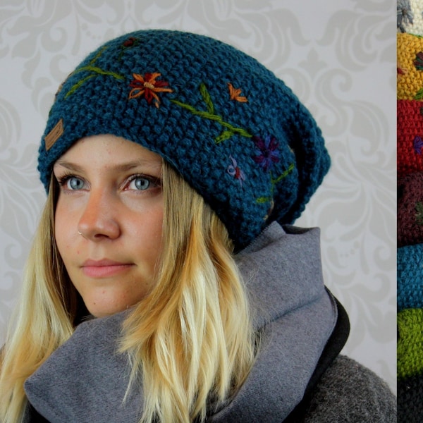 Mütze Wolle Wollmütze warme Wintermütze Strick Winter Damen Erwachsene Beanie Blumen