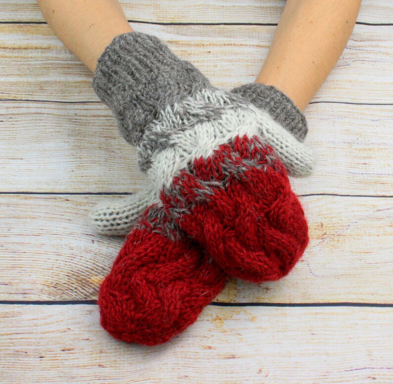 Handschuhe Handwärmer Fäustlinge Wolle Winter Damen Erwachsene Strick warm Bild 2