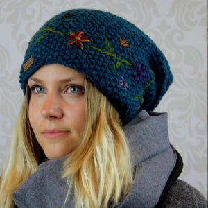 Mütze Wolle Wollmütze warme Wintermütze Strick Winter Damen Erwachsene Beanie Blumen