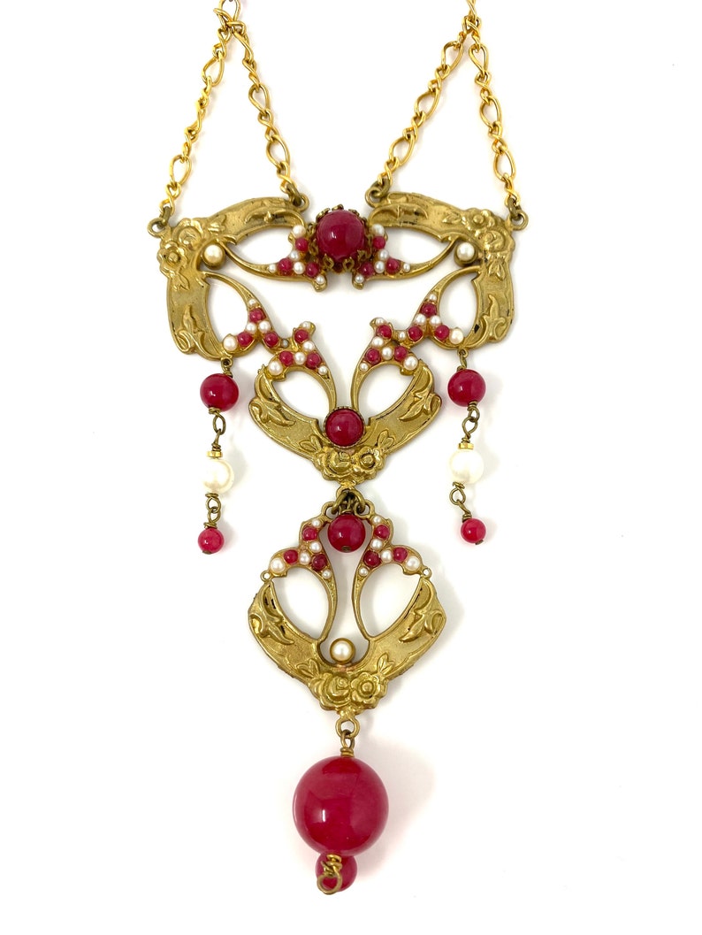 Pink /& Pearl Long Pendant Necklace Vintage 1980s Vintage Italy Art Nouveau Inspired Gold