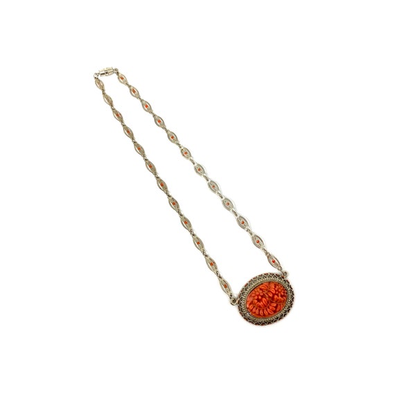 Vintage 1940s Coral Celluloid Silver Flower Neckla