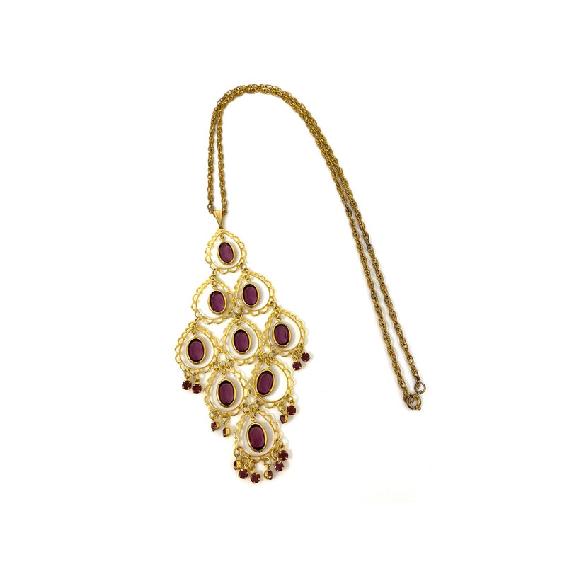 Vintage 1970s Gold and Purple Lucite Dangle Boho Pendant Necklace