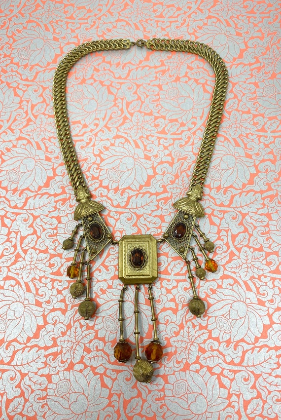Vintage 1930s Brass & Amber Glass Festoon Necklace