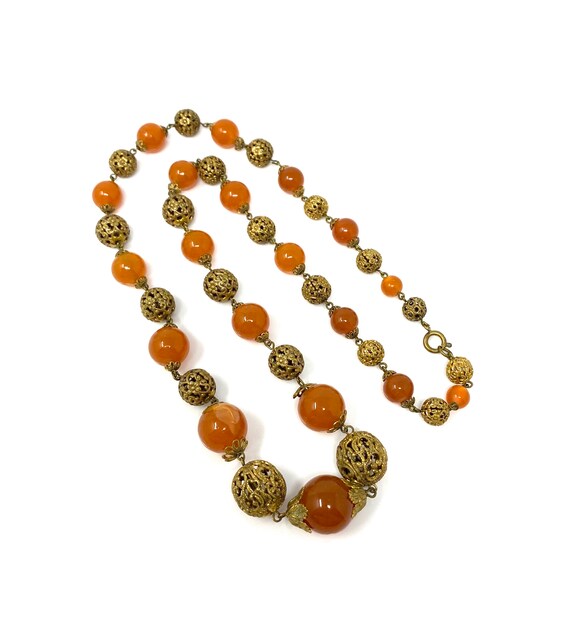 Vintage 1930s Brass & Amber Glass Long Necklace