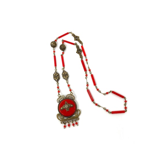 Vintage 1930s Red Glass & Brass Filigree Pendant N