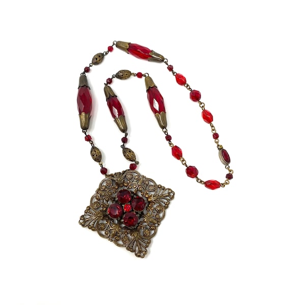 Vintage 1930s Red & Brass Filigree Necklace